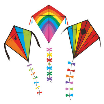 "Bright Colorful Kites with Decorative Tails &mdash; Rainbow Kite Trio Illustration for Outdoor, Festival & Children&rsquo;s Themes"