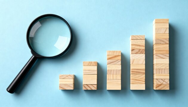 A Magnifying Glass Examining a Bar Chart Constructed from Wooden Blocks, Representing Business Analysis and Growth - Powered by Adobe