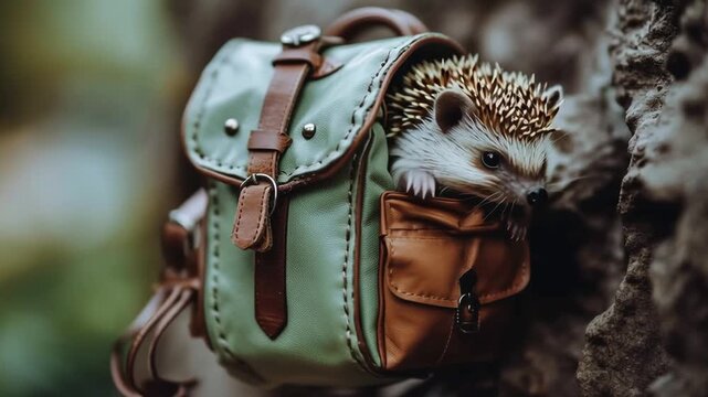 Adorable hedgehog peeking out of a miniature backpack in nature