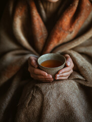 Faceless person having herbal tea wrapped in blanket