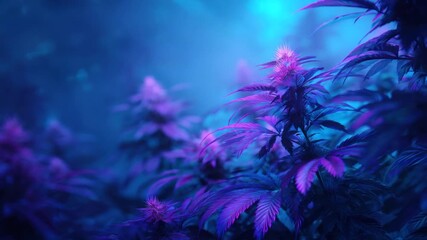 Lush, purple cannabis plants bask in an ethereal blue glow, creating a mystic, vibrant scene - Powered by Adobe