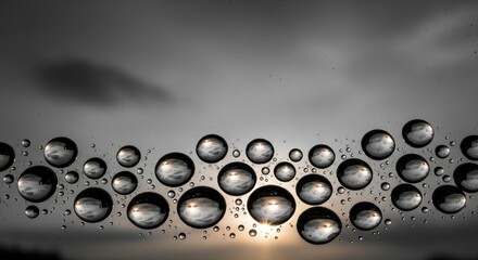Macro photograph of water droplets on a surface reflecting the sky and a sunset.