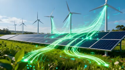 Futuristic Renewable Energy System with Solar Panels and Wind Turbines – Green Power Technology