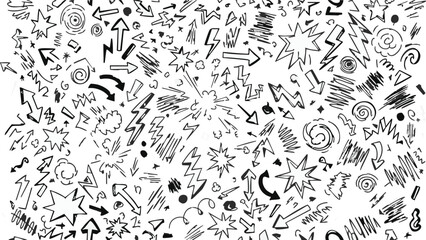 Seamless pattern with various hand drawn arrows stars explosions and scribbles background