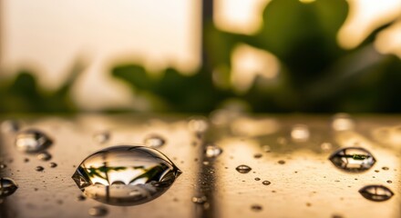 Close-up macro shot of water droplets on a reflective surface with blurred green foliage in the background.