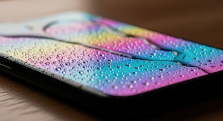 Close-up of a smartphone screen with colorful iridescent water droplets reflecting rainbow colors.