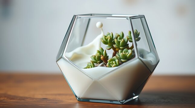 Succulent terrarium with white sand and a pearl in a glass container on a wooden table milk