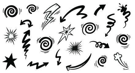 Doodle abstract set hand drawn arrows stars spirals lightning bolts and comic burst elements