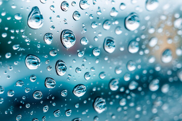 Macro Water Drops on Glass with Cool Blue Background and Sharp Liquid Details