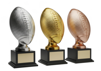 American football trophies gold silver bronze isolated on transparent background for sports awards and championship victories