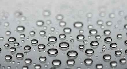 Close-up macro photograph of numerous small water droplets on a reflective surface.