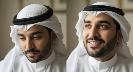 A portrait of a smiling young man wearing traditional Middle Eastern attire, including a white thobe and a keffiyeh with an agal, against a neutral background