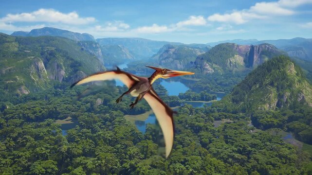 Flying Pterosaur Over Prehistoric Forest Landscape