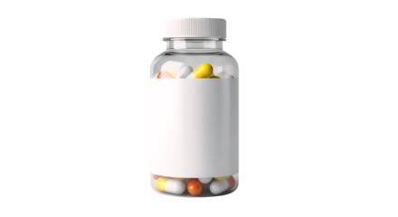 Assorted colorful pharmaceutical capsules and tablets in a clear glass bottle with a blank label, representing health and wellness concepts, isolated on a clean transparent background