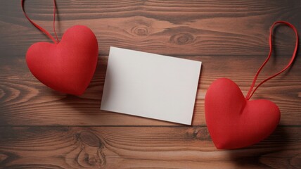 Two red hearts with blank card on wooden background for valentines day