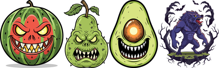 Whimsical and Spooky Fruit and Monster Characters Illustration