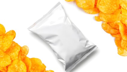 Empty Snack Bag Surrounded by Crunchy Potato Chips on White Background