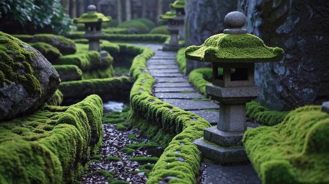Serene japanese garden path with stone lanterns and lush moss-covered rocks creating a tranquil zen atmosphere. concept of peaceful nature escape, traditional landscape, meditative journey.