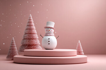 Adorable snowman stands on a pink tiered platform amidst whimsical pink trees with soft falling snow