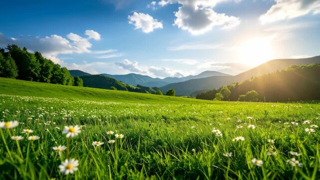 Lush green meadow filled with white daisies under a sunny, partly cloudy sky in the rolling hills and tree-covered mountains.