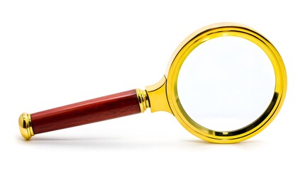 Elegant Gold Magnifying Glass with Wooden Handle on White Background