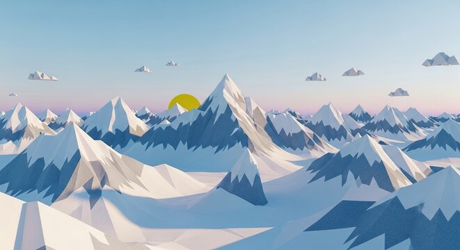 Low Poly Snow Mountain Range at Sunset: A Geometric Landscape with Soft Pastel Skies and Crisp Textures, Depicting Serenity and