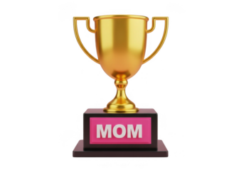 Golden mom trophy isolated on transparent background for mothers day celebration gift award