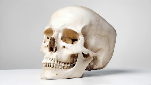 White skull is sitting on a table. The skull is very large and has a very realistic appearance. The skull is positioned in a way that it looks like it is about to fall off the table