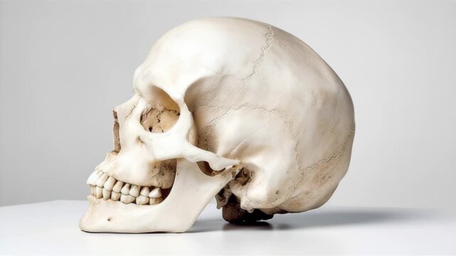 White skull is sitting on a table. The skull is very detailed and realistic, with its teeth and facial features clearly visible. Concept of mortality and the fragility of life