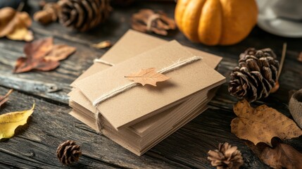 Two envelopes stacked on a rustic wooden table with autumn leaves and pinecones, one with a maple leaf on it, and a pumpkin in the background.