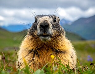 A close-up portrait of a cute groundhog in lush grassy field