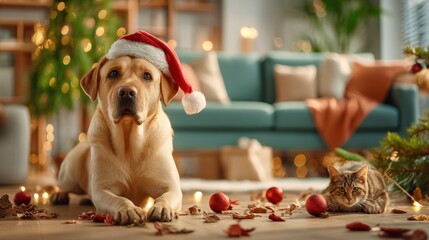 A golden labrador in a Santa hat lies on the floor beside a ginger cat among scattered red ornaments and lights, creating a cozy Christmas scene in a modern living room.