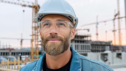 Man with a beard and a hard hat is smiling. He is wearing a blue jacket and glasses