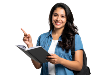 Smiling young female student holding a book and pointing at something, isolated on a transparent background.