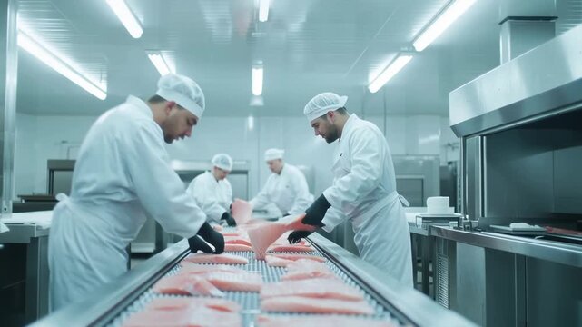 Workers processing fresh salmon fillets on a conveyor belt in a food production facility.