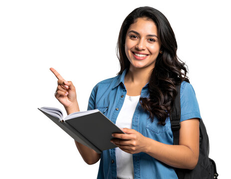 Smiling young female student holding a book and pointing at something, isolated on a transparent background.