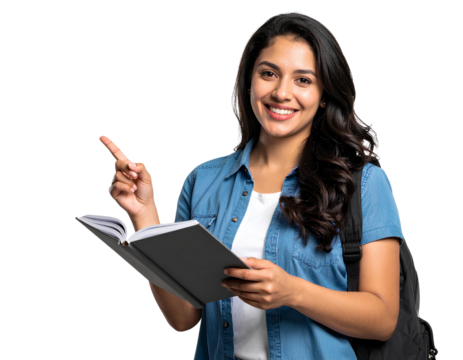 Smiling young female student holding a book and pointing at something, isolated on a transparent background. - Powered by Adobe