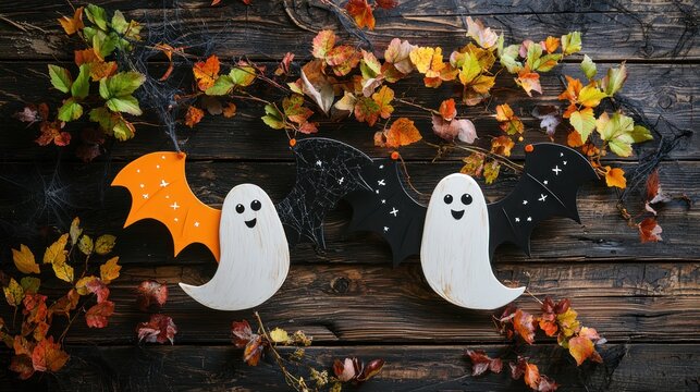 Two wooden Halloween decorations, a ghost and a bat, hanging on a dark wooden background with autumn leaves and spider webs.