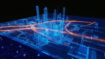 Smart city digital wireframe hologram with glowing orange data paths and network - Powered by Adobe