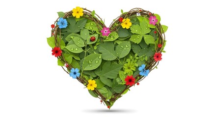 Floral Heart with Leaves and Ladybug