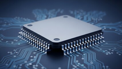 A close-up view of a powerful central processing unit microchip, the brain of modern digital technology on an intricate circuit board