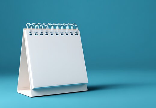 A blank white desk calendar stands prominently on a vibrant teal background
