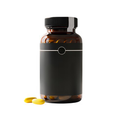 Naklejka premium Amber glass bottle with blank black label and cap, filled with supplement pills, next to two spilled yellow capsules, isolated on a clean transparent background