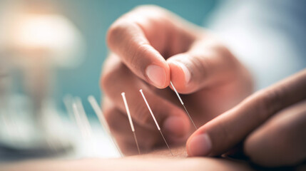 Practitioner performs acupuncture by placing thin sterile needles into the skin, highlighting traditional therapy, natural healing practice and holistic wellness health concept