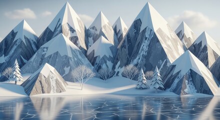 Majestic Snowy Peaks Reflected in Frozen Lake: A Winter Wonderland Landscape with Sharp Geometric Mountains and Bare Trees in Serene,
