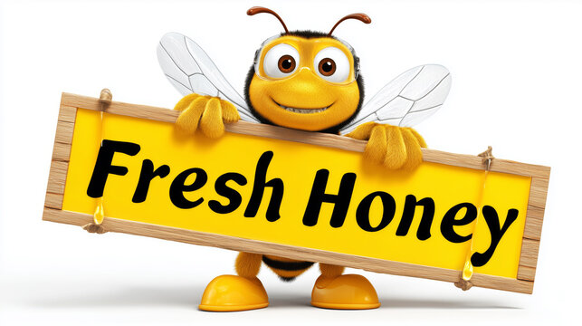 Bright cheerful cartoon bee holds a Fresh Honey signboard on a clean white background, representing sweet organic product promotion, playful mascot branding and positive food advertising concept