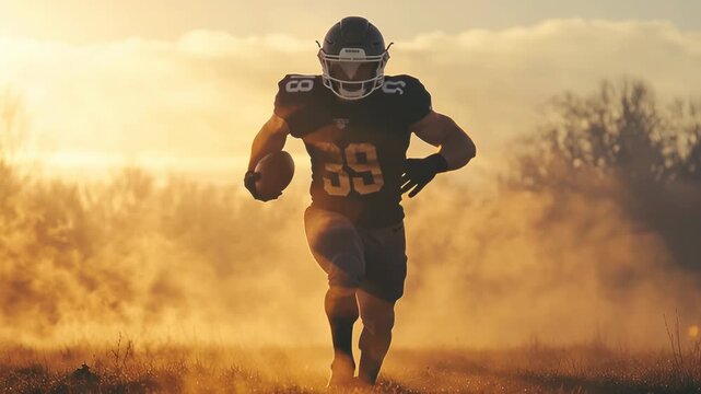 Football player running with the ball during a golden hour practice