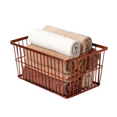 Metal wire basket with a rust-resistant coating, perfect for storing bath towels in a bathroom. [Transparent Background PNG].