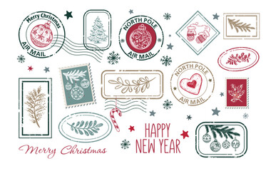 Vintage Hand-Drawn Christmas and New Year Postage Stamps Collection