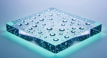 A close-up, high-angle shot of a transparent glass square covered in numerous small water droplets.